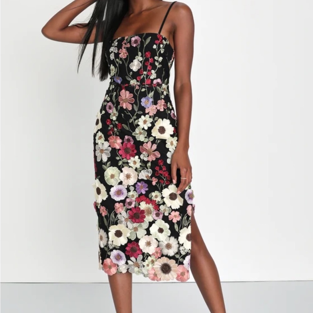 Lulus Thriving Energy Black 3D Floral Embroidered Lace-Up Midi Dress